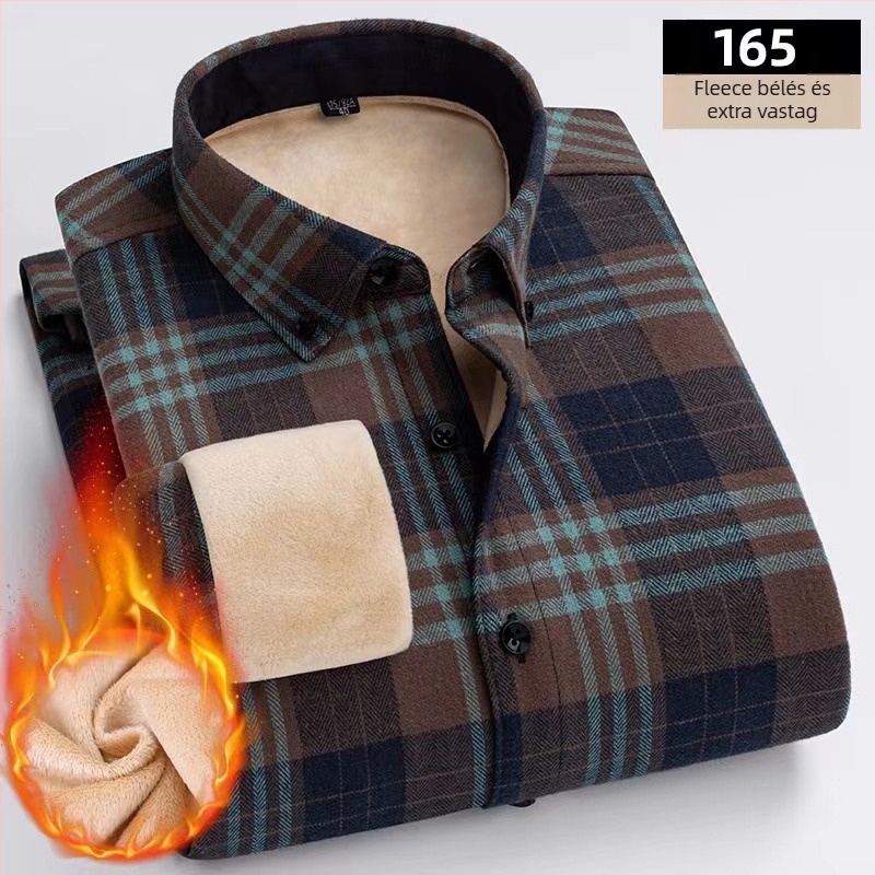 100% pamutból készült kockás ing fleece béléssel, négyzetes gallérral és hosszú ujjú.