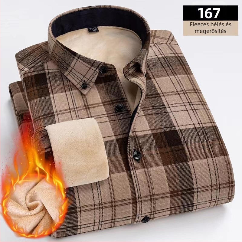 100% pamutból készült kockás ing fleece béléssel, négyzetes gallérral és hosszú ujjú.