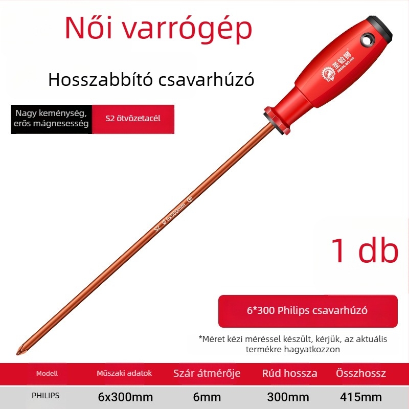 Varrógéphez való csavarhúzó készlet Phillips és lapos fejű bitekkel, mágneses, magas keménységű S2 szerszámacél, hosszú nyéllel