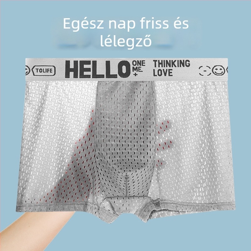 Férfi jég-selyem anyagú, légző hálós boxeralsónemű grafén ágyékpanellel, vékony, nagy méret