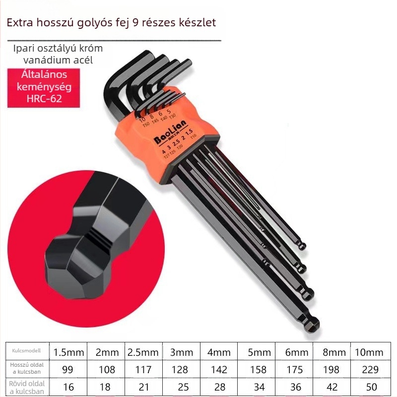 Bosite hatszögletű kulcs készlet – Allen kulcs és szerszámkészlet, króm-vanádium acél / S2 acél, nikkelezett, hatszögfejek