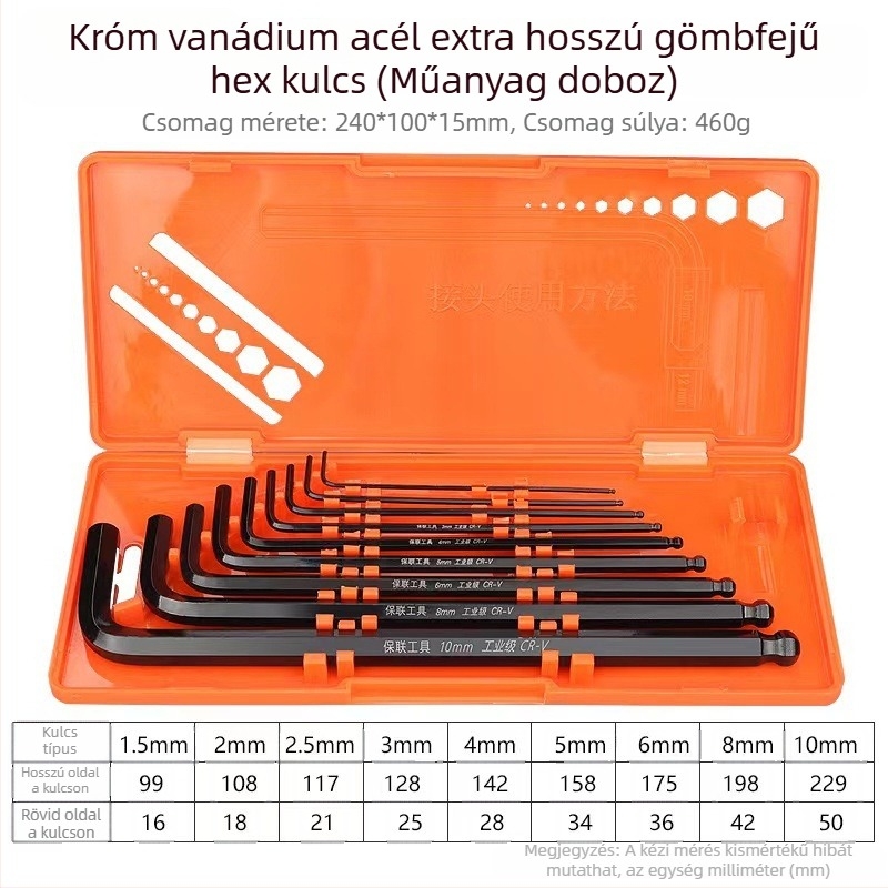 Bosite hatszögletű kulcs készlet – Allen kulcs és szerszámkészlet, króm-vanádium acél / S2 acél, nikkelezett, hatszögfejek