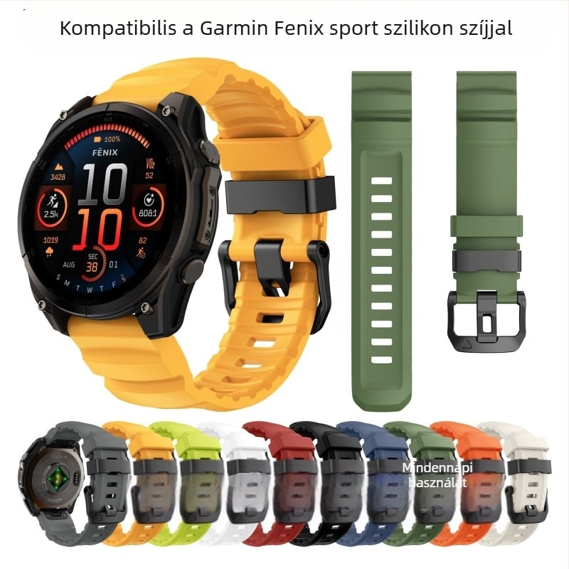 Garmin Fenix 8, 7X, 6X, 6 és 5X Plushez való kicserélhető szilikon csuklópánt — gyorskioldó, 22mm és 26mm, hosszú pánt 125mm, rövid 85mm, súly kb. 30 g.