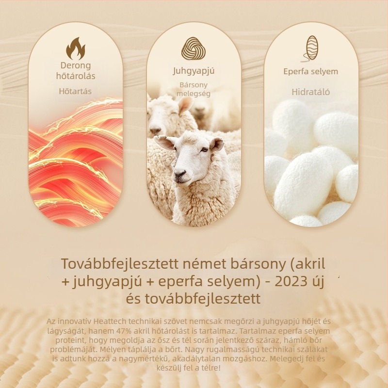 Uniszex gyapjú thermális alsónemű készlet fleece béléssel, vastag, fűtő hatású, felső és nadrág