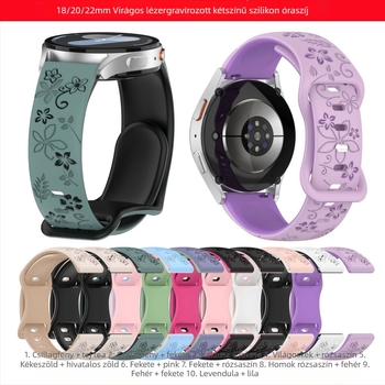 Virágos lézerrel gravírozott dupla színű, domborított szilikon óra-szíj Samsung Watch7-höz, 18/20/22 mm