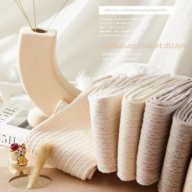Női japán stílusú fleece-béléses harisnya mikrokompresszióval, karcsúsító hatás, őszi-téli, zabtej-fehér színű Lolita édes