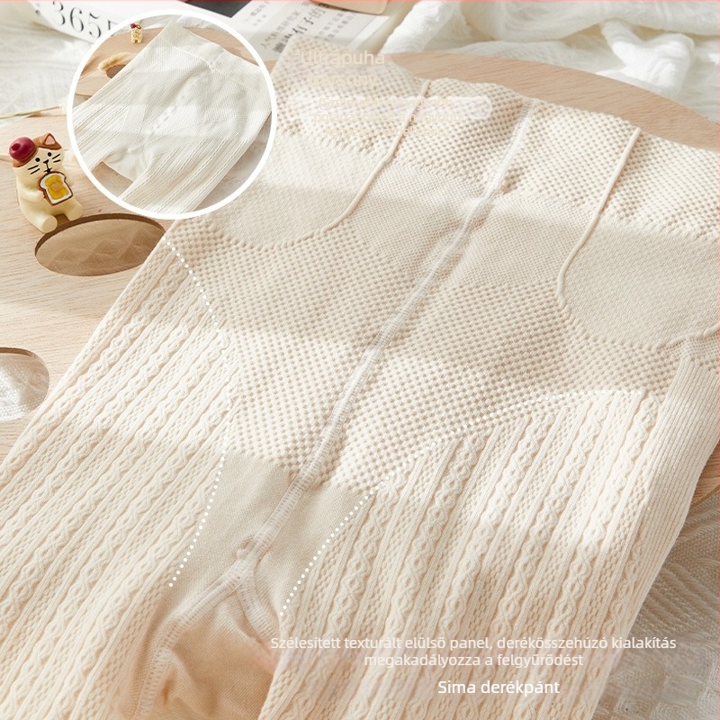 Női japán stílusú fleece-béléses harisnya mikrokompresszióval, karcsúsító hatás, őszi-téli, zabtej-fehér színű Lolita édes
