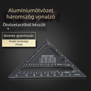 Háromszög vonalzó alumíniumötvözet és rozsdamentes acél felépítésű, többfunkciós derékszögű eszköz fameiparhoz, 45°-os szög, magas precizitás