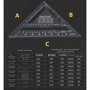 Háromszög vonalzó alumíniumötvözet és rozsdamentes acél felépítésű, többfunkciós derékszögű eszköz fameiparhoz, 45°-os szög, magas precizitás