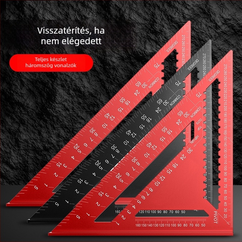 Háromszög vonalzó alumíniumötvözet és rozsdamentes acél felépítésű, többfunkciós derékszögű eszköz fameiparhoz, 45°-os szög, magas precizitás