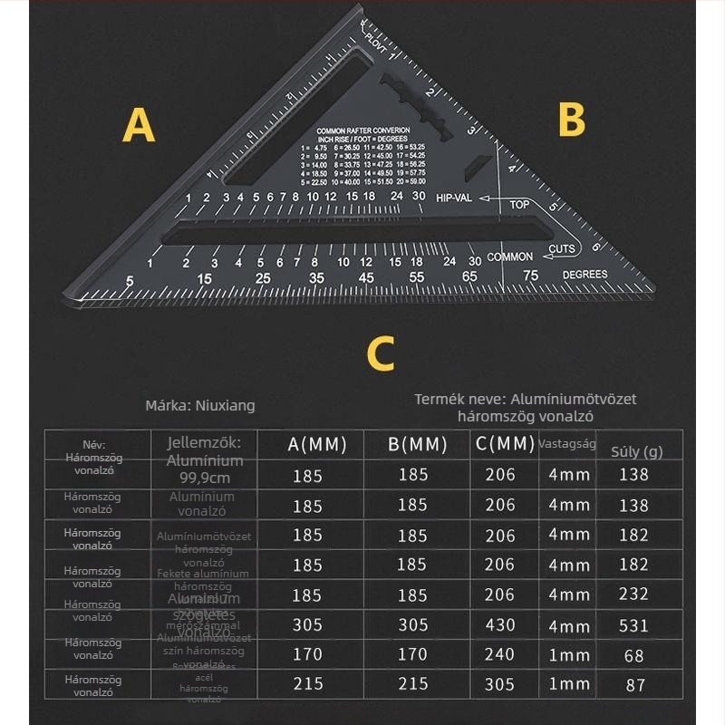 Háromszög vonalzó alumíniumötvözet és rozsdamentes acél felépítésű, többfunkciós derékszögű eszköz fameiparhoz, 45°-os szög, magas precizitás