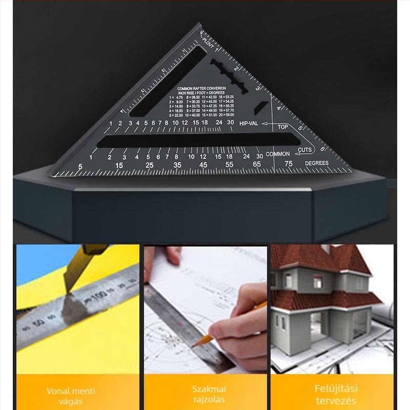 Háromszög vonalzó alumíniumötvözet és rozsdamentes acél felépítésű, többfunkciós derékszögű eszköz fameiparhoz, 45°-os szög, magas precizitás