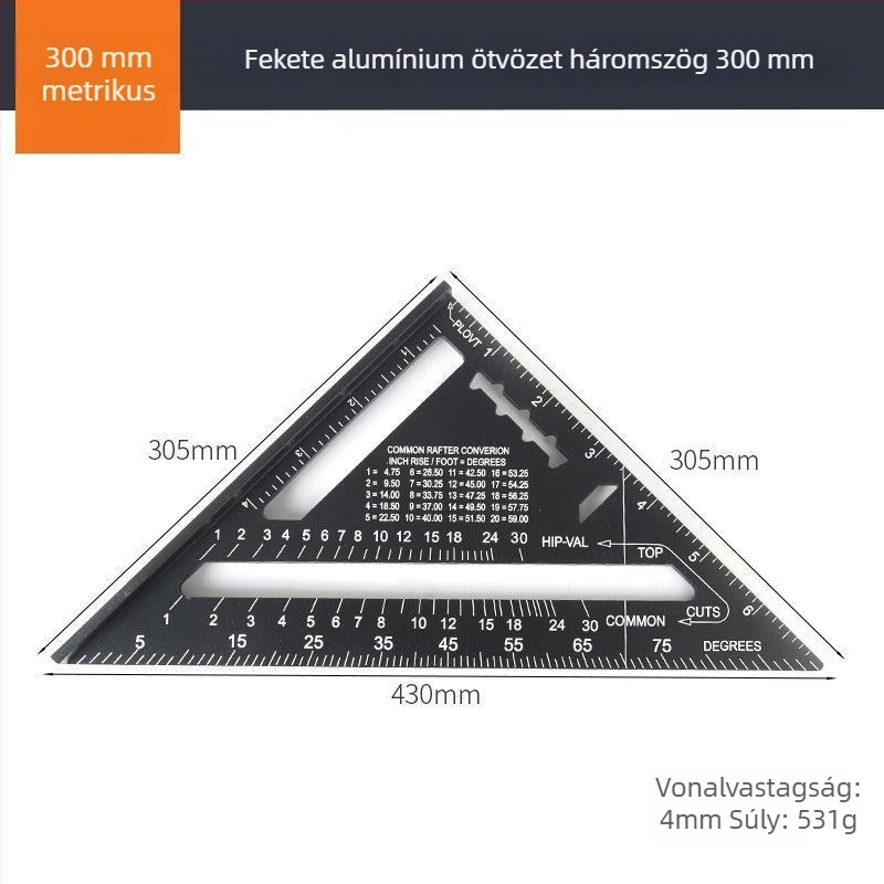 Háromszög vonalzó alumíniumötvözet és rozsdamentes acél felépítésű, többfunkciós derékszögű eszköz fameiparhoz, 45°-os szög, magas precizitás