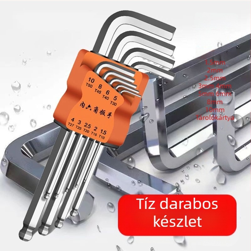 Belső hatszögű imbuszkulcs készlet, L-alakú, tíz darabos, magas szilárdságú krom-molibden-vanádium acél