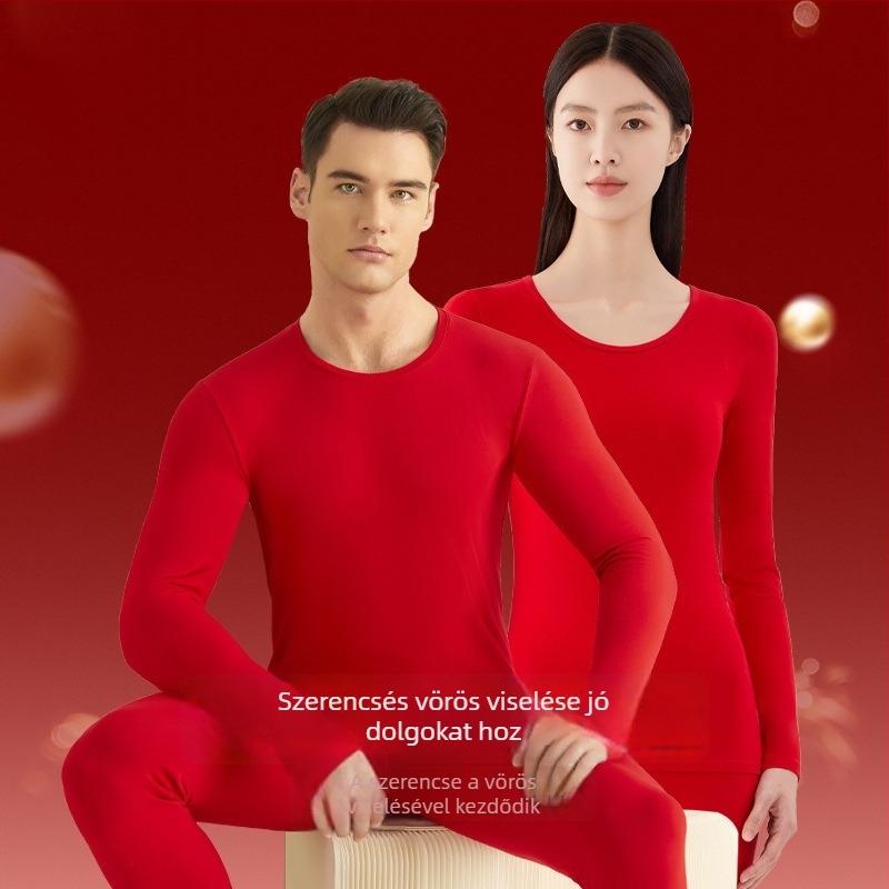 100% pamutból készült termikus alsóruha készlet fleece béléssel és vastagabb kivitelben, uniszex, élénk piros őszi felső és nadrág