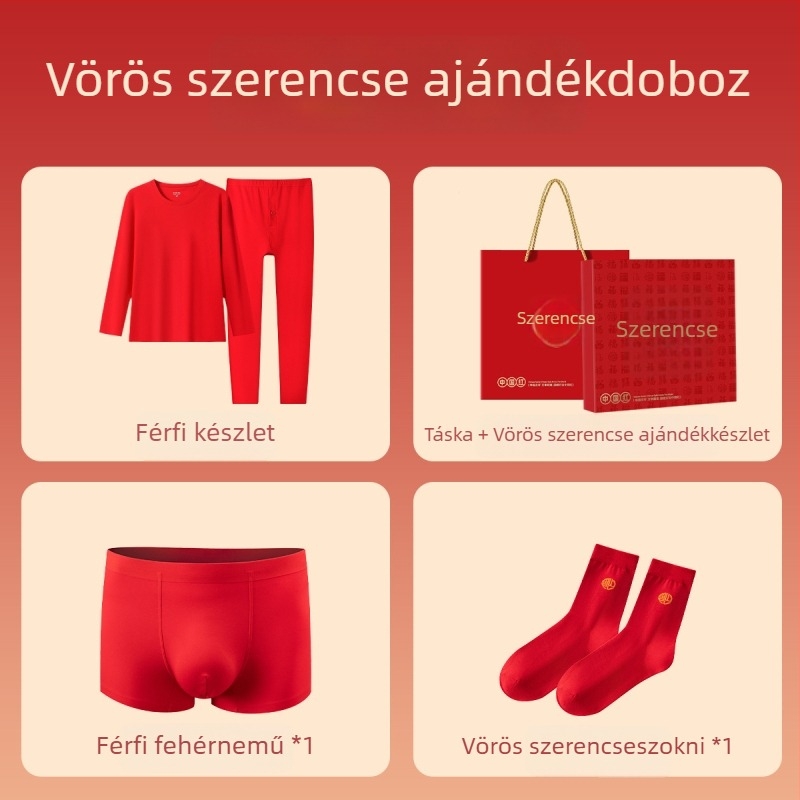 100% pamutból készült termikus alsóruha készlet fleece béléssel és vastagabb kivitelben, uniszex, élénk piros őszi felső és nadrág