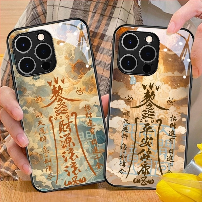 Kínai stílusú hátlapi telefonvédő TPU+üveg anyagból, festett kivitel Dragon Évé motívummal, kínai trend dizájn, kompatibilis iPhone 11–14 Pro/Max modellek
