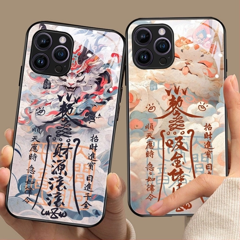 Kínai stílusú hátlapi telefonvédő TPU+üveg anyagból, festett kivitel Dragon Évé motívummal, kínai trend dizájn, kompatibilis iPhone 11–14 Pro/Max modellek