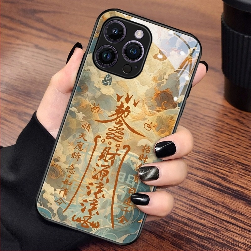 Kínai stílusú hátlapi telefonvédő TPU+üveg anyagból, festett kivitel Dragon Évé motívummal, kínai trend dizájn, kompatibilis iPhone 11–14 Pro/Max modellek