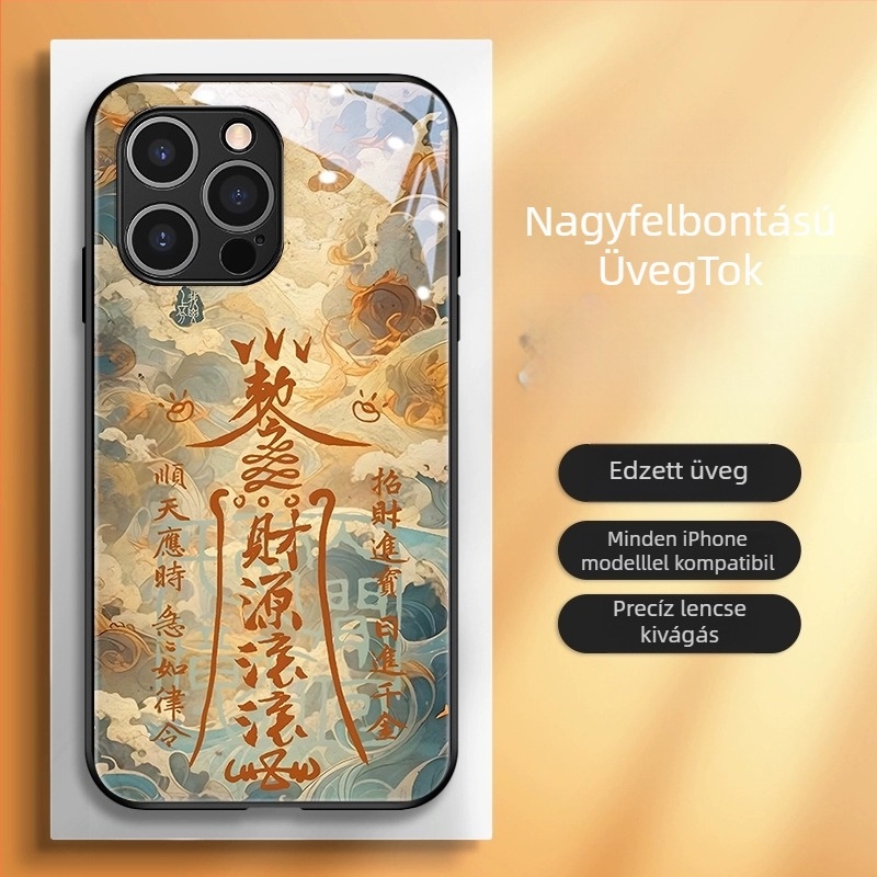 Kínai stílusú hátlapi telefonvédő TPU+üveg anyagból, festett kivitel Dragon Évé motívummal, kínai trend dizájn, kompatibilis iPhone 11–14 Pro/Max modellek