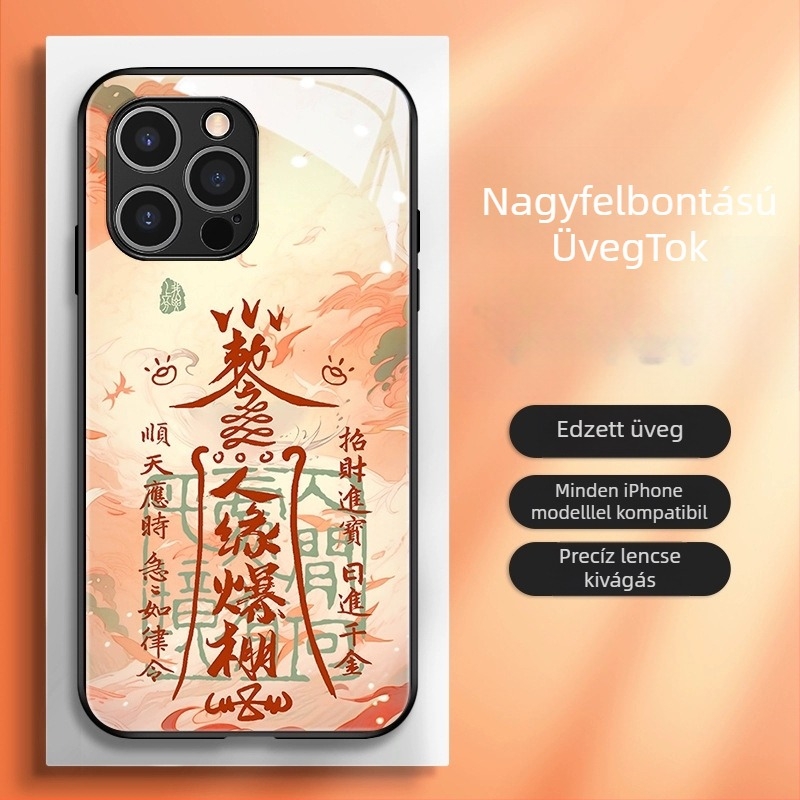 Kínai stílusú hátlapi telefonvédő TPU+üveg anyagból, festett kivitel Dragon Évé motívummal, kínai trend dizájn, kompatibilis iPhone 11–14 Pro/Max modellek