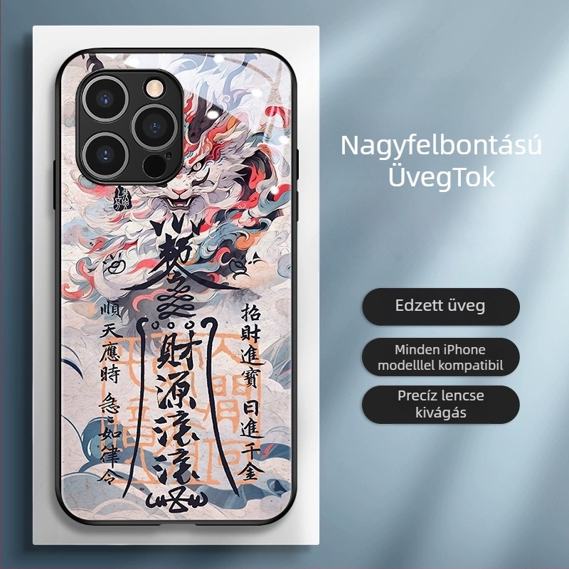 Kínai stílusú hátlapi telefonvédő TPU+üveg anyagból, festett kivitel Dragon Évé motívummal, kínai trend dizájn, kompatibilis iPhone 11–14 Pro/Max modellek