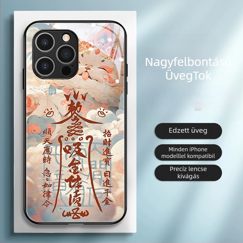Kínai stílusú hátlapi telefonvédő TPU+üveg anyagból, festett kivitel Dragon Évé motívummal, kínai trend dizájn, kompatibilis iPhone 11–14 Pro/Max modellek