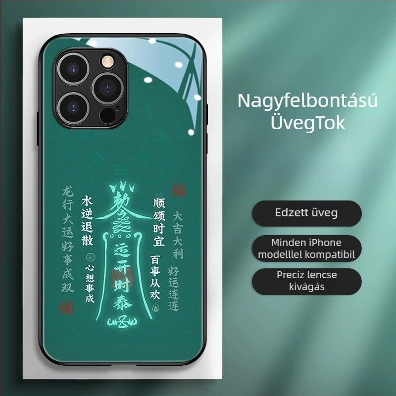Kínai stílusú hátlapi telefonvédő TPU+üveg anyagból, festett kivitel Dragon Évé motívummal, kínai trend dizájn, kompatibilis iPhone 11–14 Pro/Max modellek