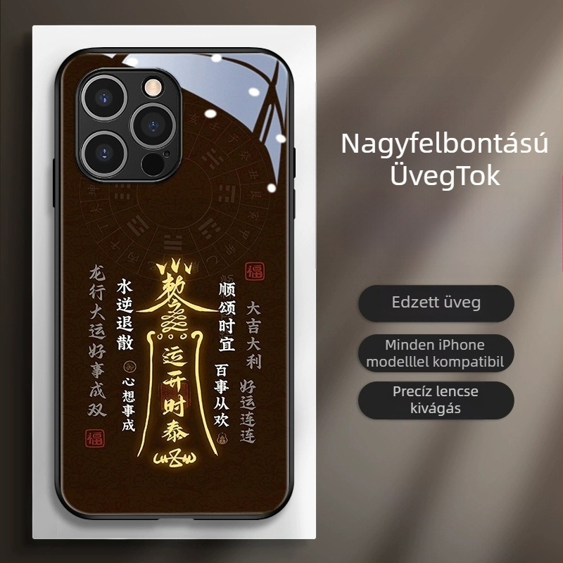 Kínai stílusú hátlapi telefonvédő TPU+üveg anyagból, festett kivitel Dragon Évé motívummal, kínai trend dizájn, kompatibilis iPhone 11–14 Pro/Max modellek