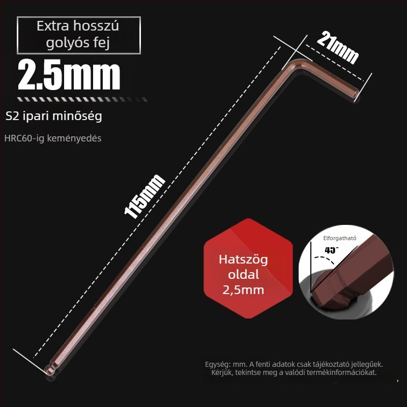 S2-es acélból készült golyófejes imbuszkulcs, L-forma, hosszított, belső hatszög 2,5 mm és 4 mm