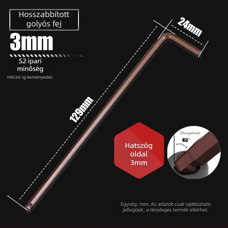 S2-es acélból készült golyófejes imbuszkulcs, L-forma, hosszított, belső hatszög 2,5 mm és 4 mm