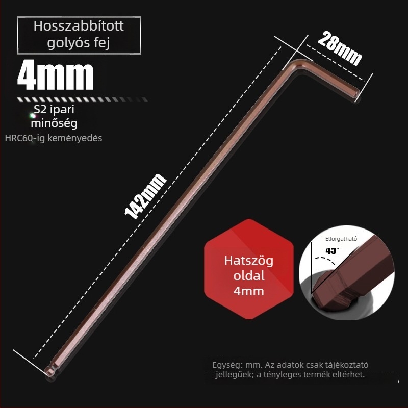 S2-es acélból készült golyófejes imbuszkulcs, L-forma, hosszított, belső hatszög 2,5 mm és 4 mm