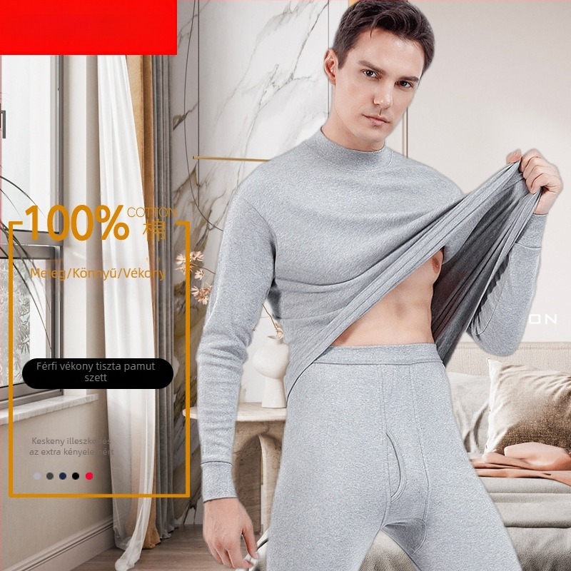 Férfi pamut termo alsónemű készlet – felső pulóver, kerek nyakú, hosszú ujjú, 100% pamut, egy réteg