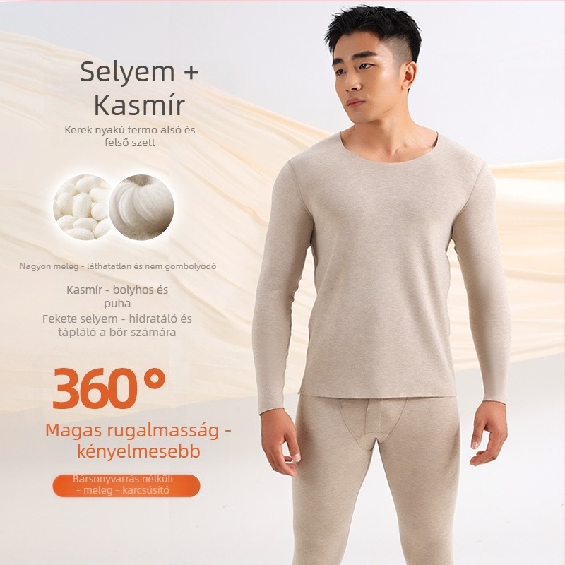 Férfi kasmír-selyem termikus alsó- és felsőruha, ősz-télre, fleece béléssel, két részes szett