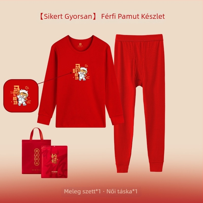Piros, 100% pamutból készült uniszex termikus alsó-felső készlet, vékony anyagú, őszi–téli szezonra