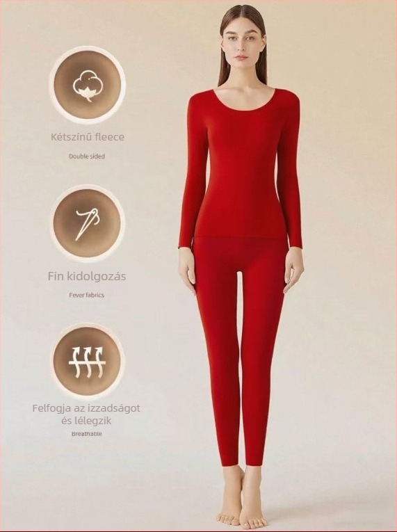 Női fleece melegítő szett légáteresztő alapréteggel, felső és alsó rész, kerek nyak, hosszú ujjú, velúr bélés, poliészter 50–70%, közepes súly 181–200 g/m²