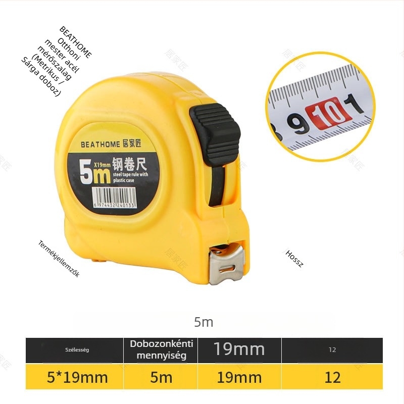 Home Craftsman Acél mérőszalag, esésálló, vastagított és keményített penge, rozsdamentes acél tokkal, 12 db dobozban