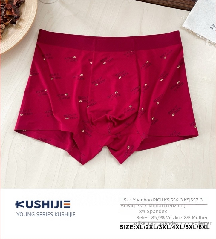 Modal anyagú férfi boxer brief, Mulberry selyem belső réteg, középső derék, kötött anyag, nyomtatott zodiákus év design, 3D hatású szöveges elemek