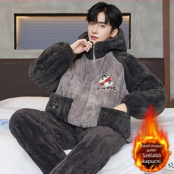 Férfi pizsama szett – háromréteg quilted pamut, vastag fleece bélés, kerek nyakú, hosszú ujjú, karikatúra stílus