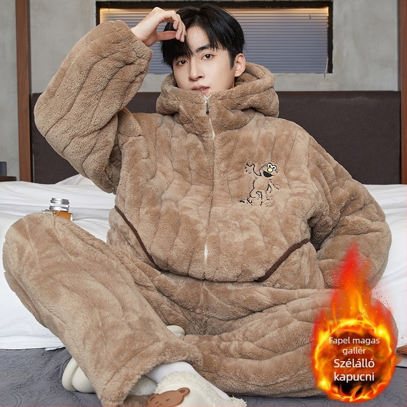 Férfi pizsama szett – háromréteg quilted pamut, vastag fleece bélés, kerek nyakú, hosszú ujjú, karikatúra stílus