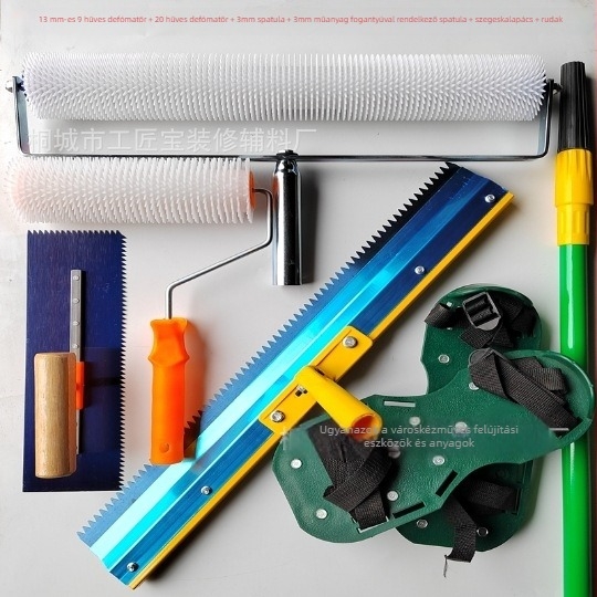 Cementes önszintező eszközkészlet buborékeltávolító görgővel, habzásgátló görgővel és szintező kapával — 5 részes fém/plasztikus készlet háztartási használatra