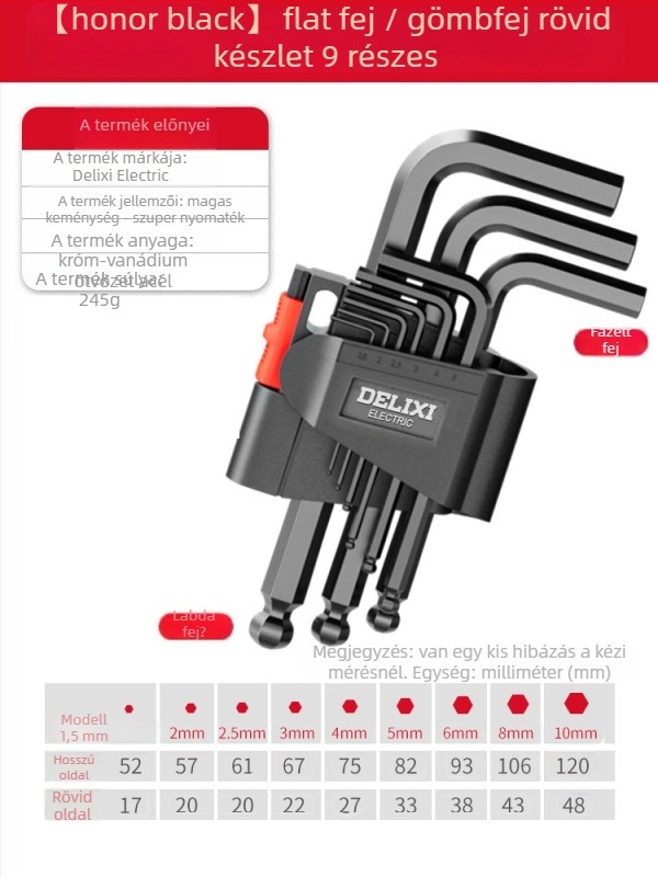 Delixi imbuszkulcs készlet, ötvözet, belső hatszög fej, nagy nyomaték