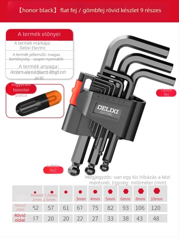 Delixi imbuszkulcs készlet, ötvözet, belső hatszög fej, nagy nyomaték