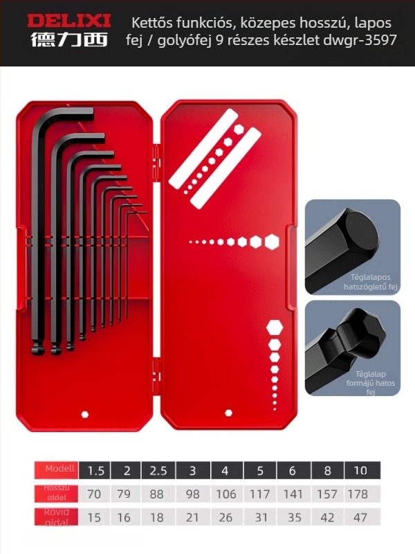 Delixi imbuszkulcs készlet, ötvözet, belső hatszög fej, nagy nyomaték