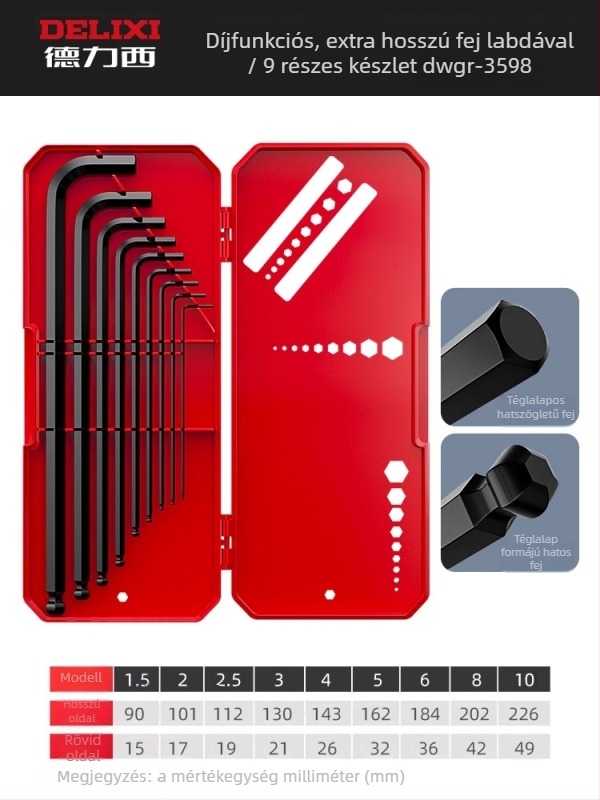 Delixi imbuszkulcs készlet, ötvözet, belső hatszög fej, nagy nyomaték