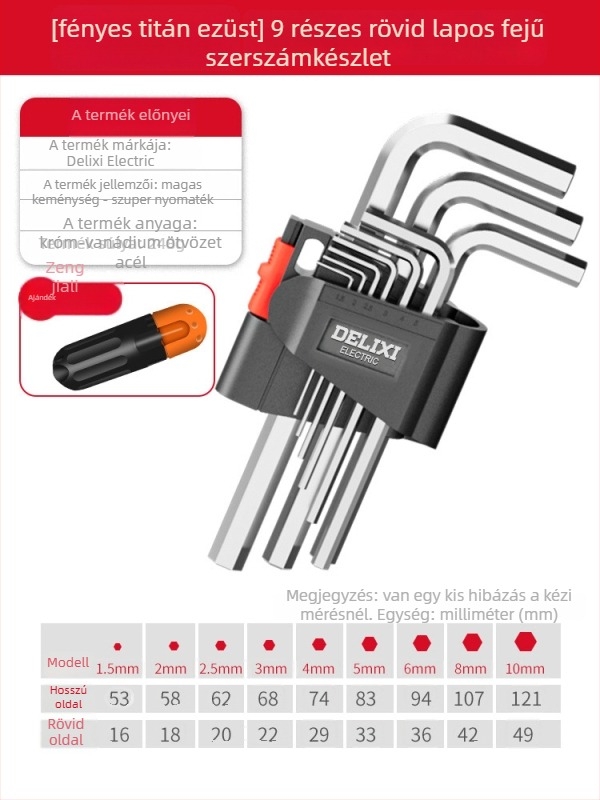 Delixi imbuszkulcs készlet, ötvözet, belső hatszög fej, nagy nyomaték