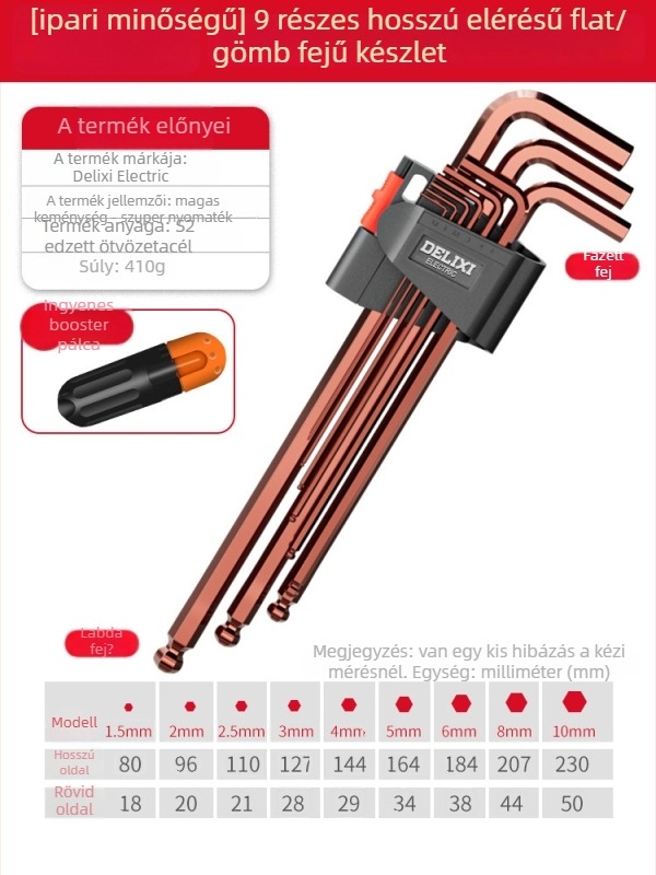 Delixi imbuszkulcs készlet, ötvözet, belső hatszög fej, nagy nyomaték