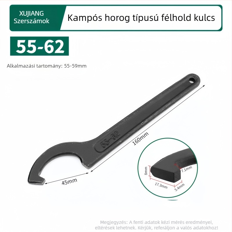 Horogfejű félhold alakú vízszerelő kulcs a vízmérőfedélhez; Anyag: 45# acél; Kialakítás: oldalsó nyílású körmű