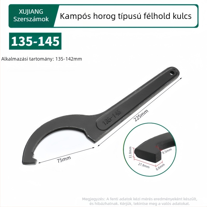 Horogfejű félhold alakú vízszerelő kulcs a vízmérőfedélhez; Anyag: 45# acél; Kialakítás: oldalsó nyílású körmű