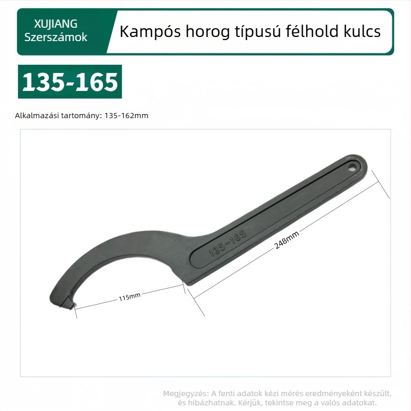 Horogfejű félhold alakú vízszerelő kulcs a vízmérőfedélhez; Anyag: 45# acél; Kialakítás: oldalsó nyílású körmű